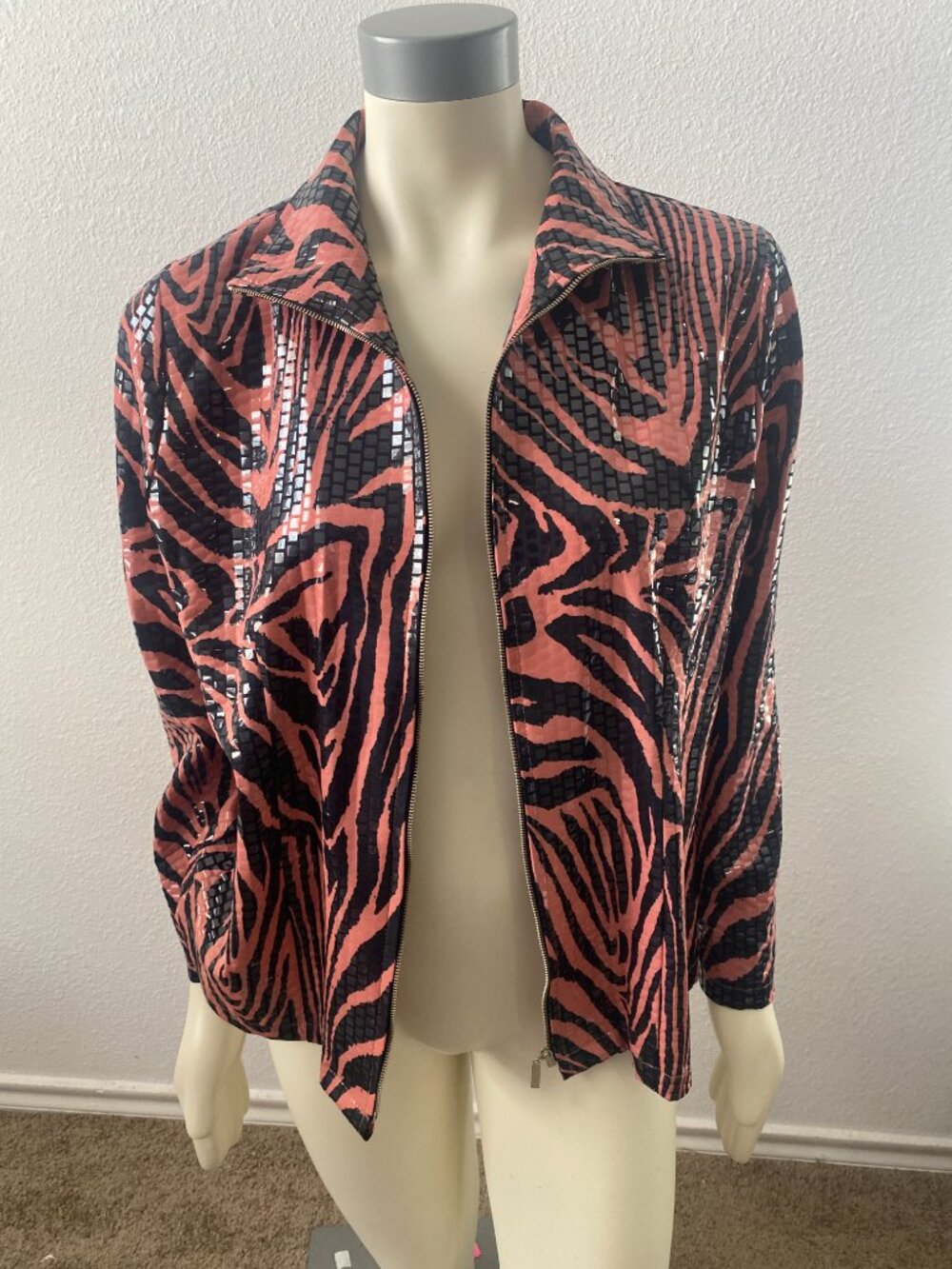 Misook Vintage Pink Black Zebra Print Clear Sequins Full Zip Shirt Jacket Disco